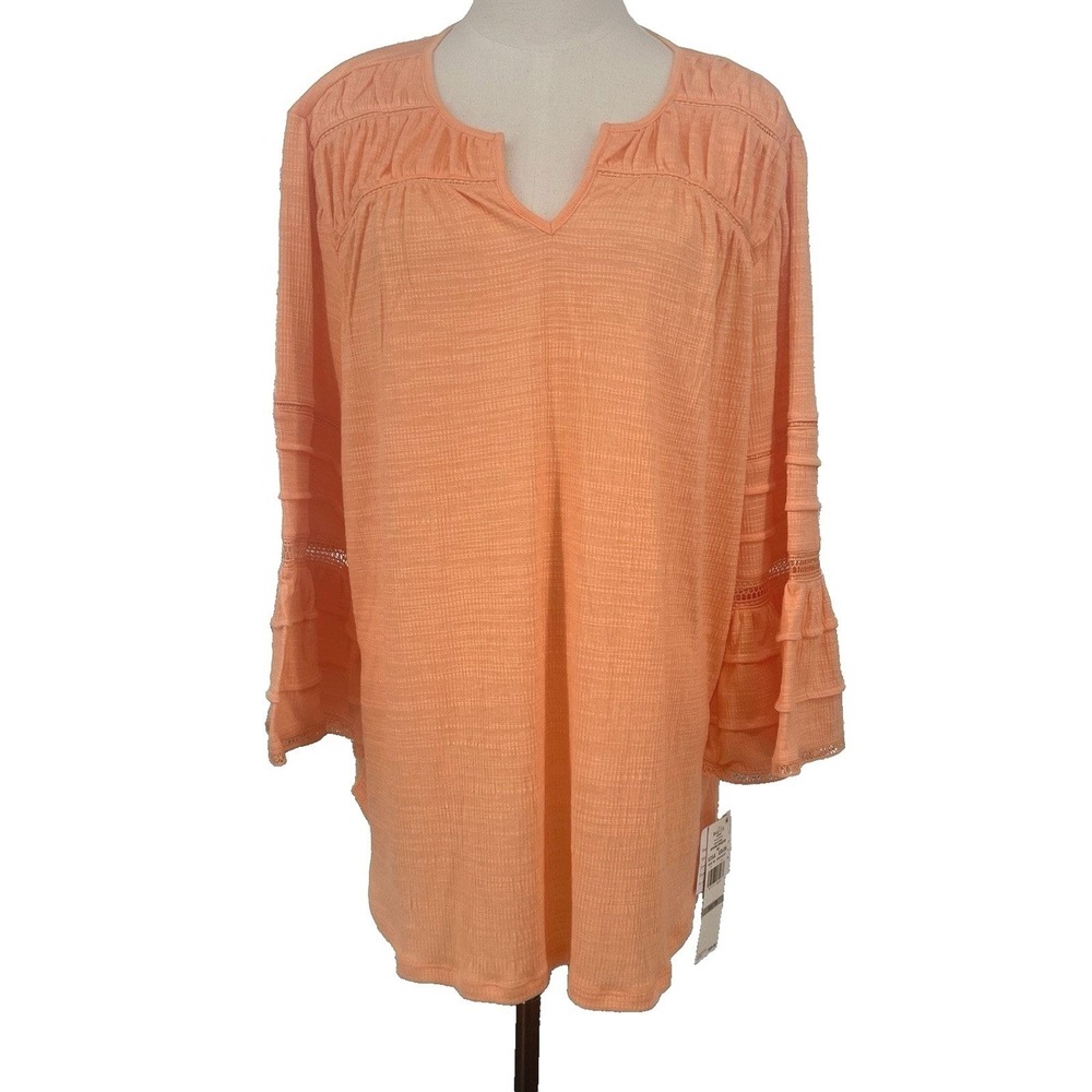 NEW Ruby Road‎ Women's 1X Sherbert Orange Shirt Knit 3/4 Flare Sleeves
